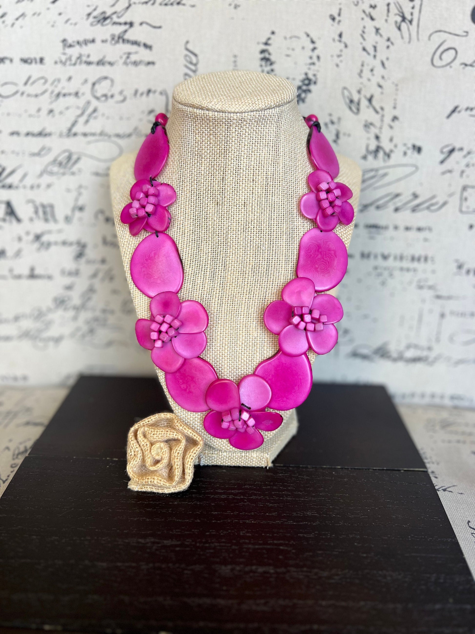 Pink flower statement necklace Tagua jewelry Beach fashion Big bold necklaces Adjustable cord Wearable art Floral necklace Art to wear