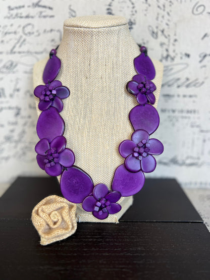 Purple flower statement necklace Tagua jewelry Spring fashion trends Big bold chunky necklace Beach trends Floral design Mother’s Day gifts
