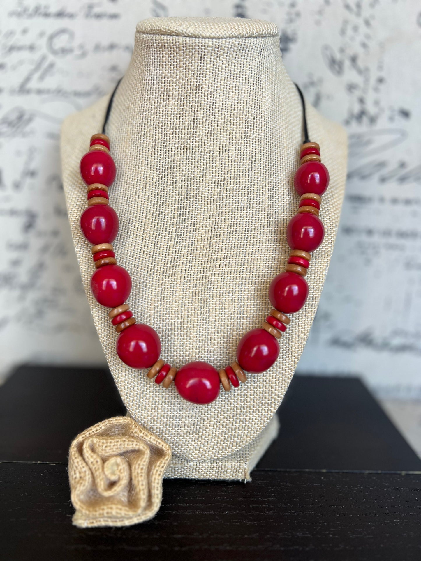 Red and brown statement necklace with bubblegum beads Tagua and bombona necklace Fall fashion Big bold chunky necklace Fall fashion 2025