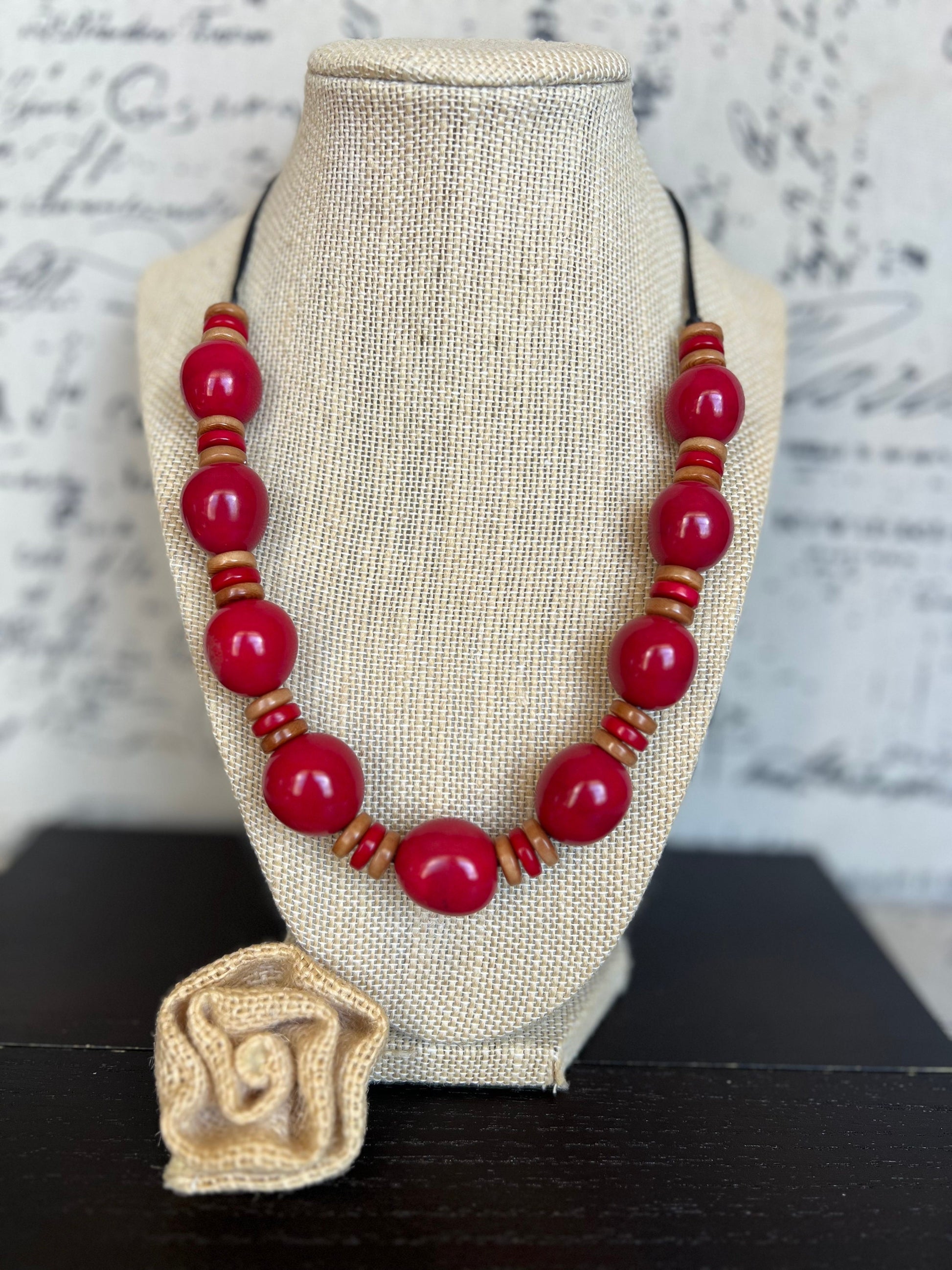Red and brown statement necklace with bubblegum beads Tagua and bombona necklace Fall fashion Big bold chunky necklace Fall fashion 2025