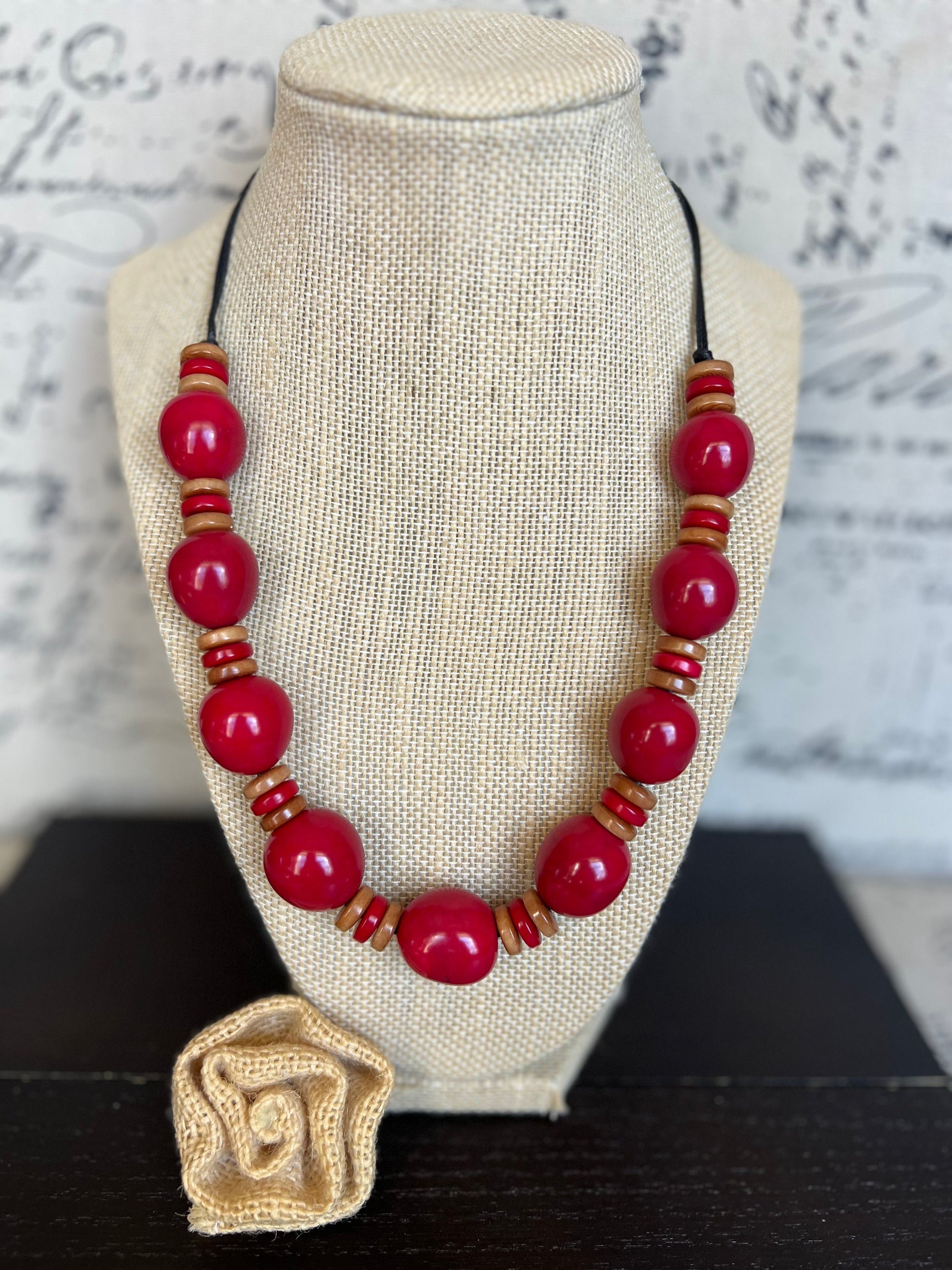Red and brown statement necklace with bubblegum beads Tagua and bombona necklace Fall fashion Big bold chunky necklace Fall fashion 2025