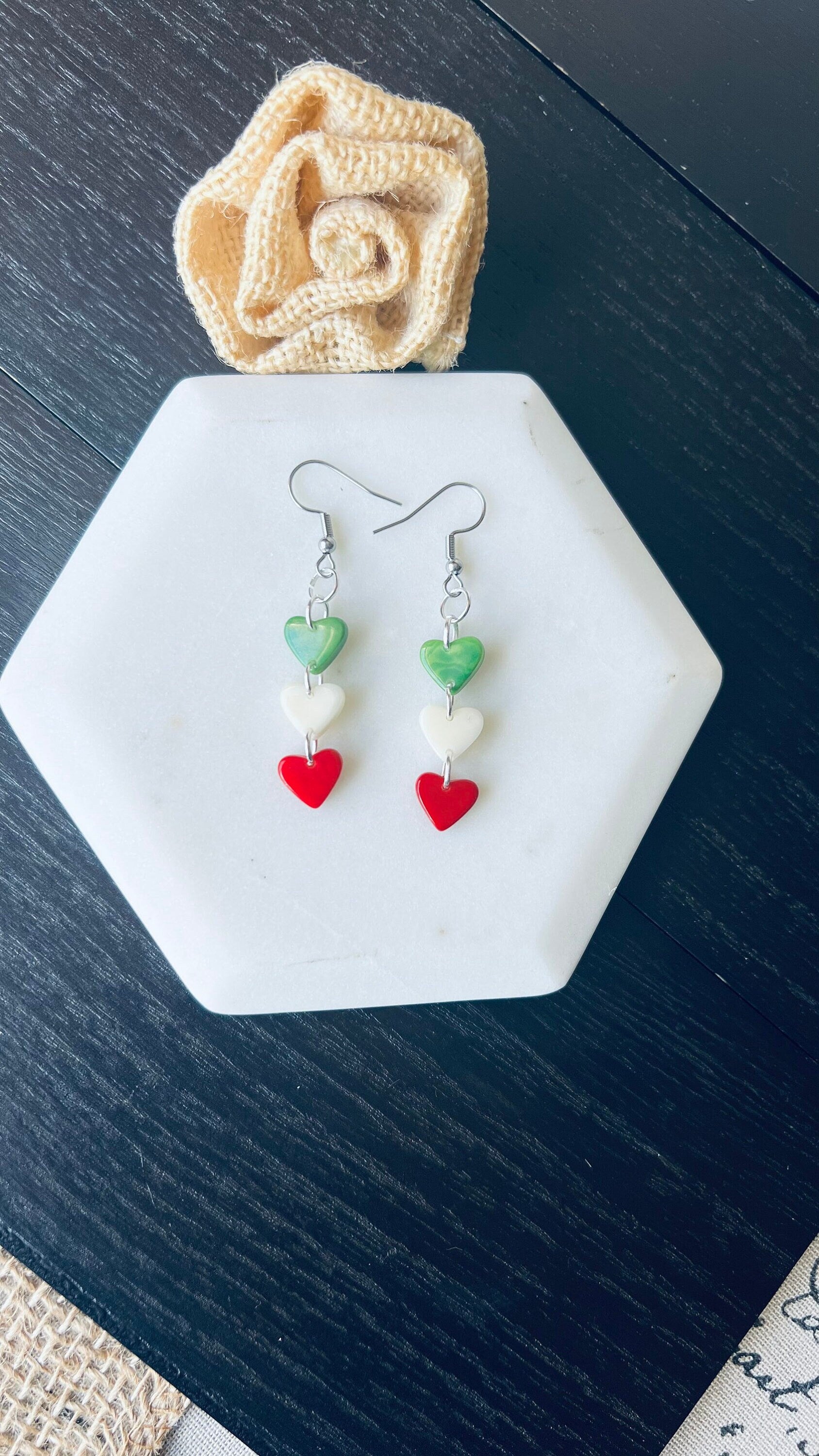Italy flag earrings Red green and white heart shaped beads earrings Tagua jewelry Spring fashion Mothers day gifts Wearable art