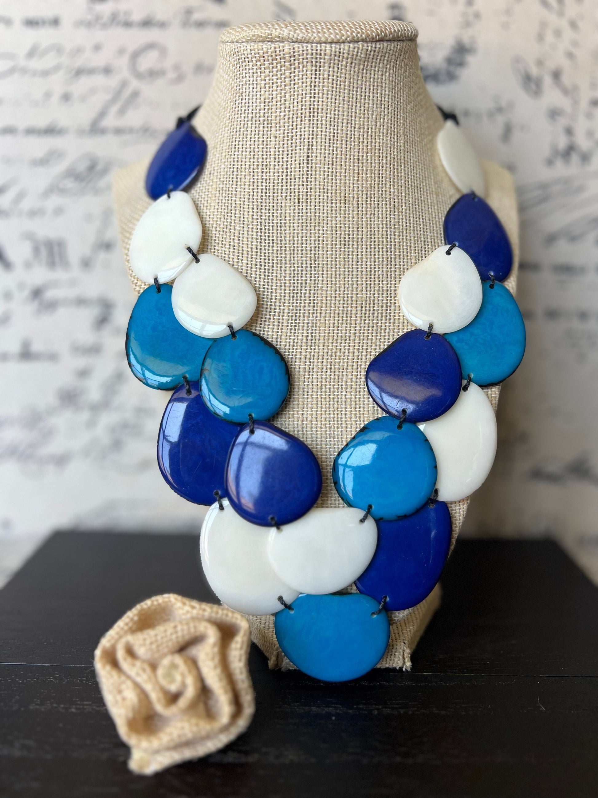Turquoise Blue white statement necklace Tagua jewelry Fall fashion Big bold necklace Double layered necklace Wearable art Multi strand