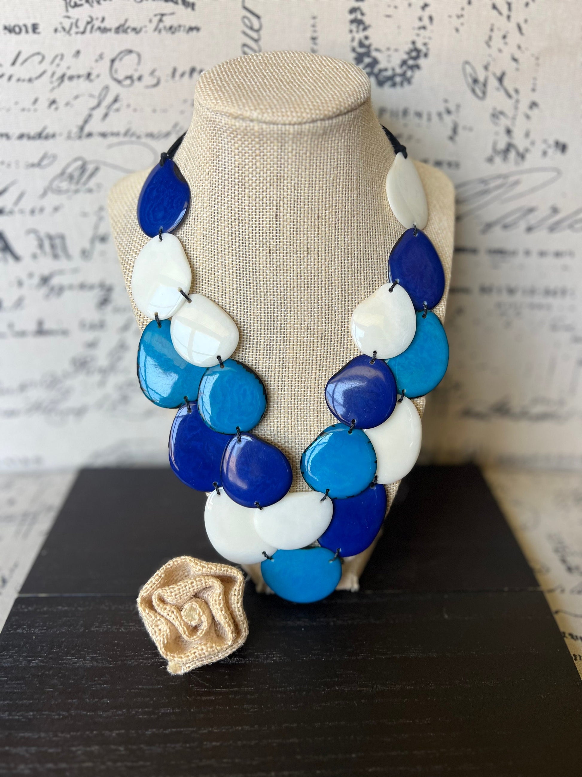 Turquoise Blue white statement necklace Tagua jewelry Fall fashion Big bold necklace Double layered necklace Wearable art Multi strand