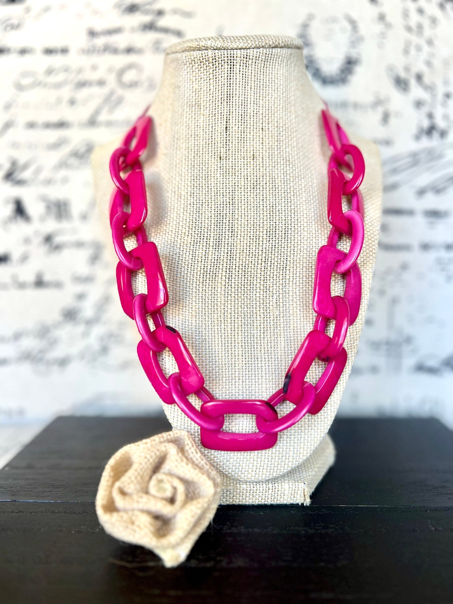 Hot pink chain link necklace Tagua jewelry Oversized bead Geometric statement necklace Fall fashion 2025s Wearable art Fall fashion 2025
