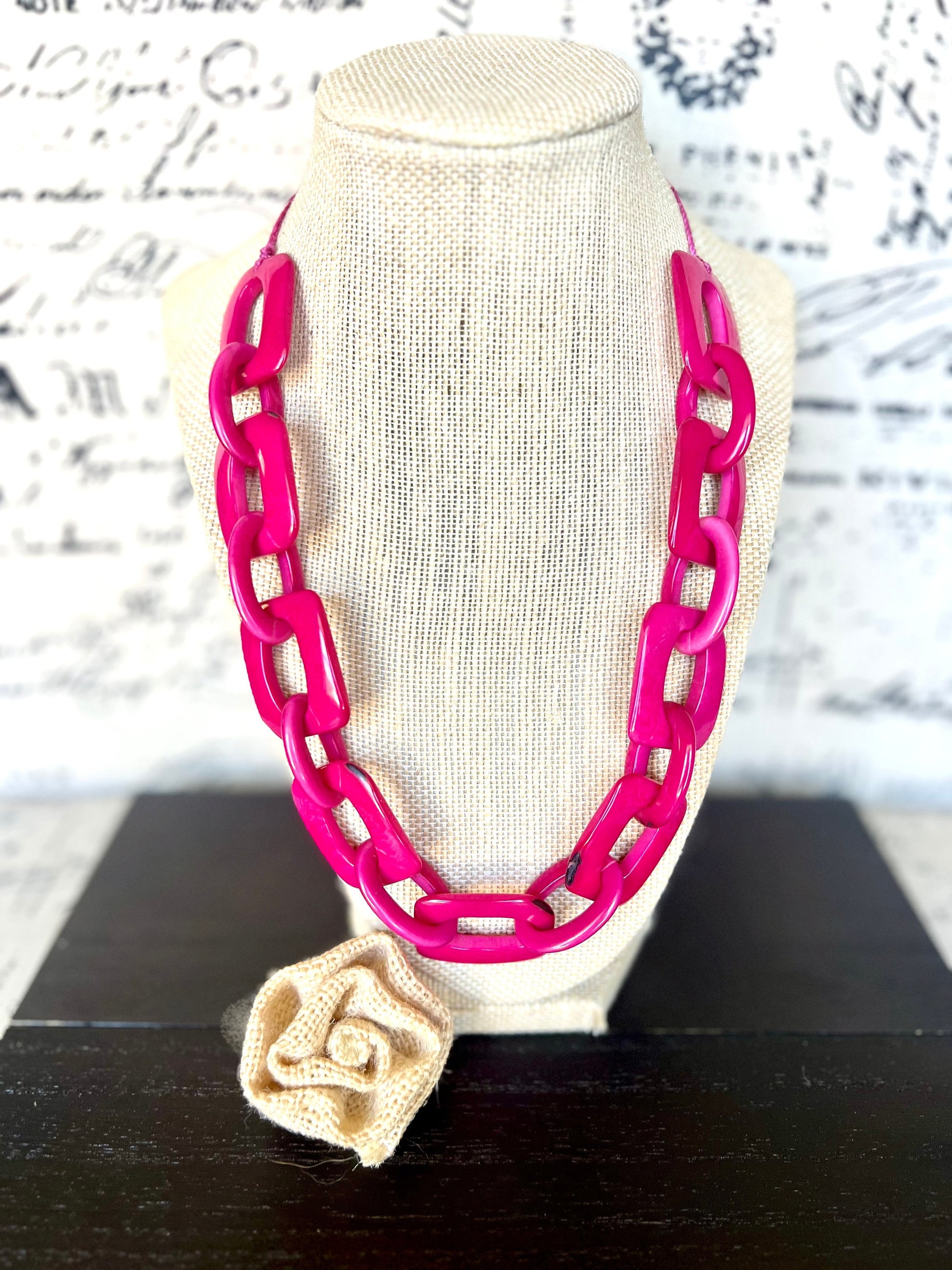 Hot pink chain link necklace Tagua jewelry Oversized bead Geometric statement necklace Fall fashion 2025s Wearable art Fall fashion 2025