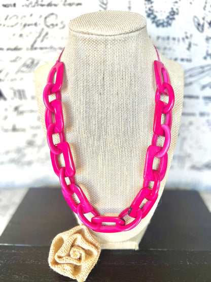 Hot pink chain link necklace Tagua jewelry Oversized bead Geometric statement necklace Fall fashion 2025s Wearable art Fall fashion 2025