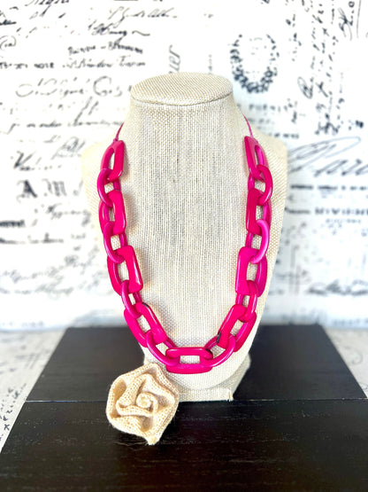 Hot pink chain link necklace Tagua jewelry Oversized bead Geometric statement necklace Fall fashion 2025s Wearable art Fall fashion 2025