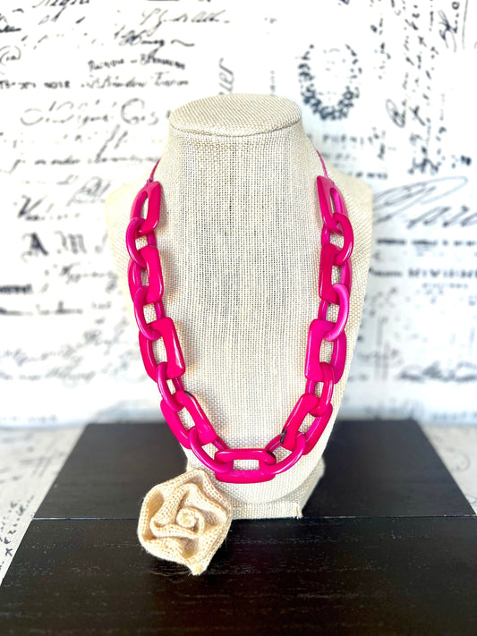 Hot pink chain link necklace Tagua jewelry Oversized bead Geometric statement necklace Fall fashion 2025s Wearable art Fall fashion 2025