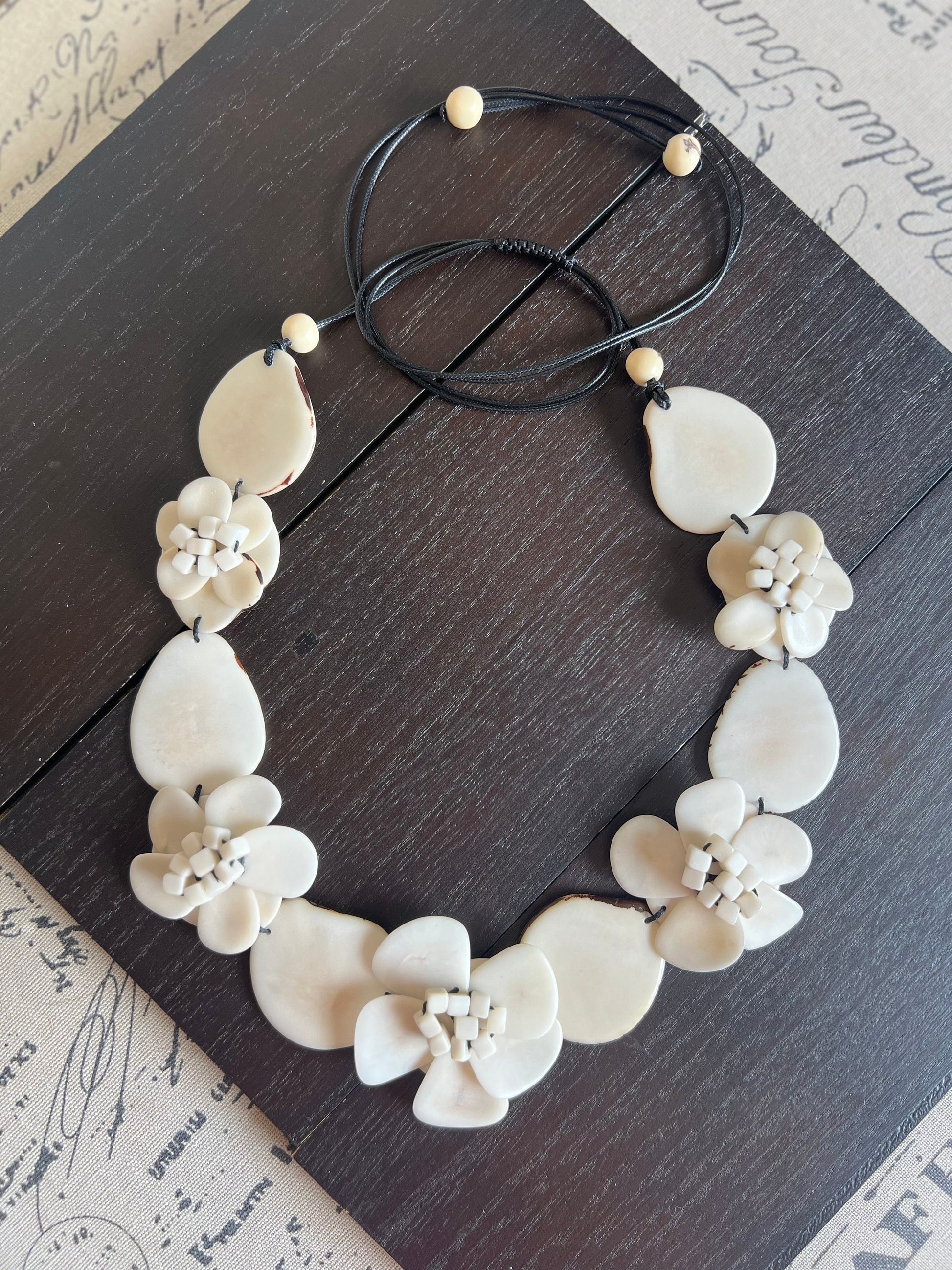 Ivory white flower statement necklace 14 wedding anniversary gift for wife Tagua jewelry Spring fashion 2025 Big bold chunky necklace