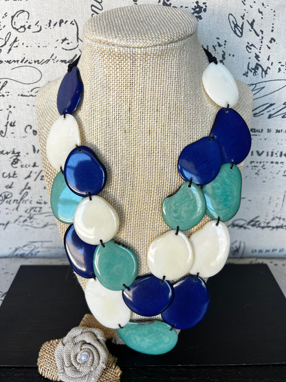 Turquoise blue and white statement necklace Double layer necklace Tagua jewelry Big bold chunky Multi color necklace Spring fashions 2025