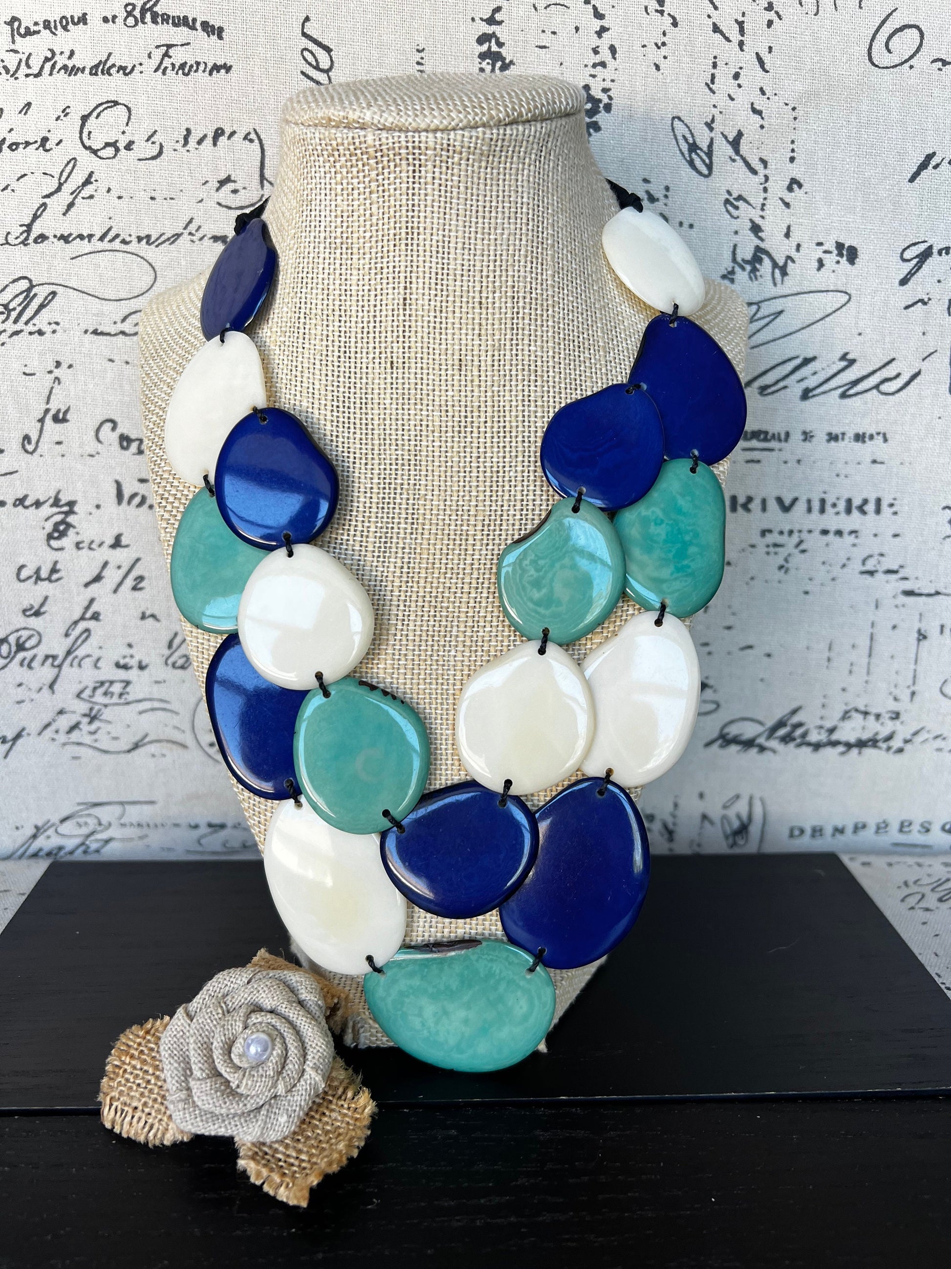 Turquoise blue and white statement necklace Double layer necklace Tagua jewelry Big bold chunky Multi color necklace Spring fashions 2025