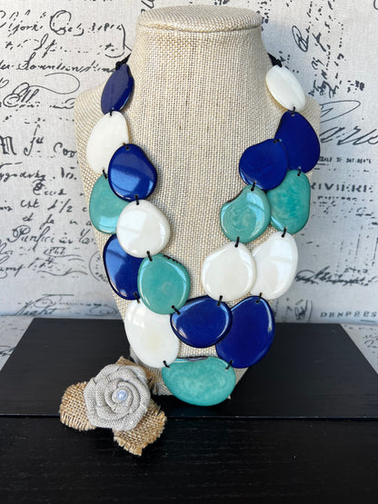 Turquoise blue and white statement necklace Double layer necklace Tagua jewelry Big bold chunky Multi color necklace Spring fashions 2025