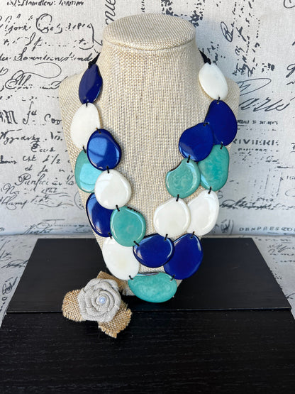 Turquoise blue and white statement necklace Double layer necklace Tagua jewelry Big bold chunky Multi color necklace Spring fashions 2025