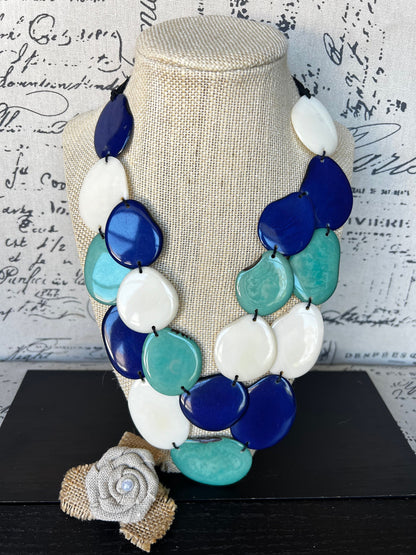 Turquoise blue and white statement necklace Double layer necklace Tagua jewelry Big bold chunky Multi color necklace Spring fashions 2025