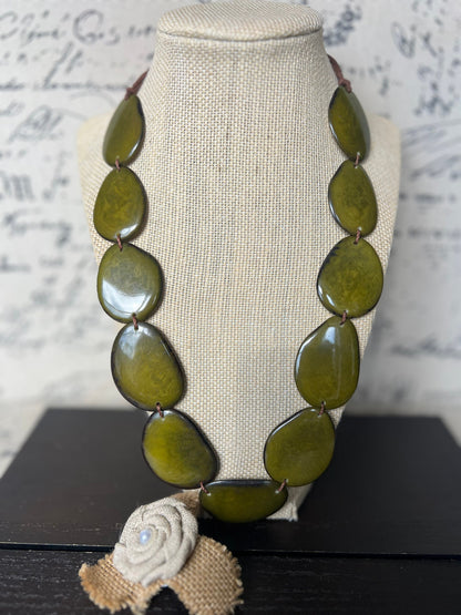 Olive green necklace Tagua jewelry Simple beaded necklace Art to wear Adjustable cord Fall fashion 2025 Wearable art Lightweight statement