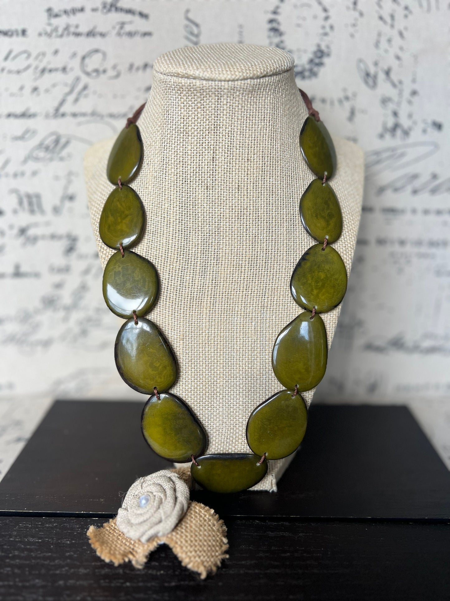 Olive green necklace Tagua jewelry Simple beaded necklace Art to wear Adjustable cord Fall fashion 2025 Wearable art Lightweight statement