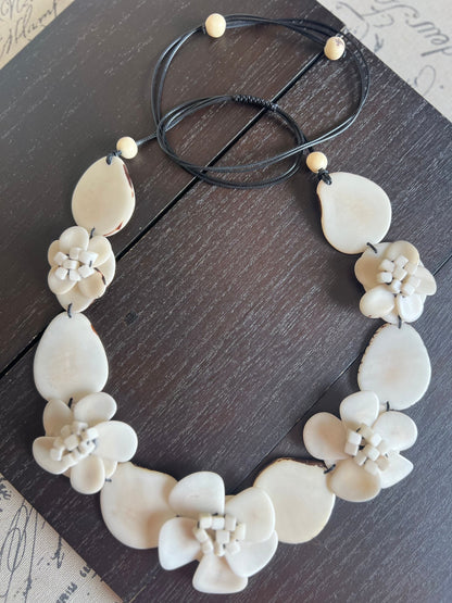 Ivory white flower statement necklace 14 wedding anniversary gift for wife Tagua jewelry Spring fashion 2025 Big bold chunky necklace