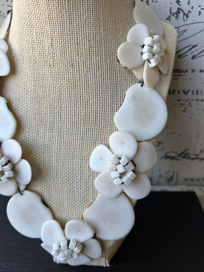 Ivory white flower statement necklace 14 wedding anniversary gift for wife Tagua jewelry Spring fashion 2025 Big bold chunky necklace