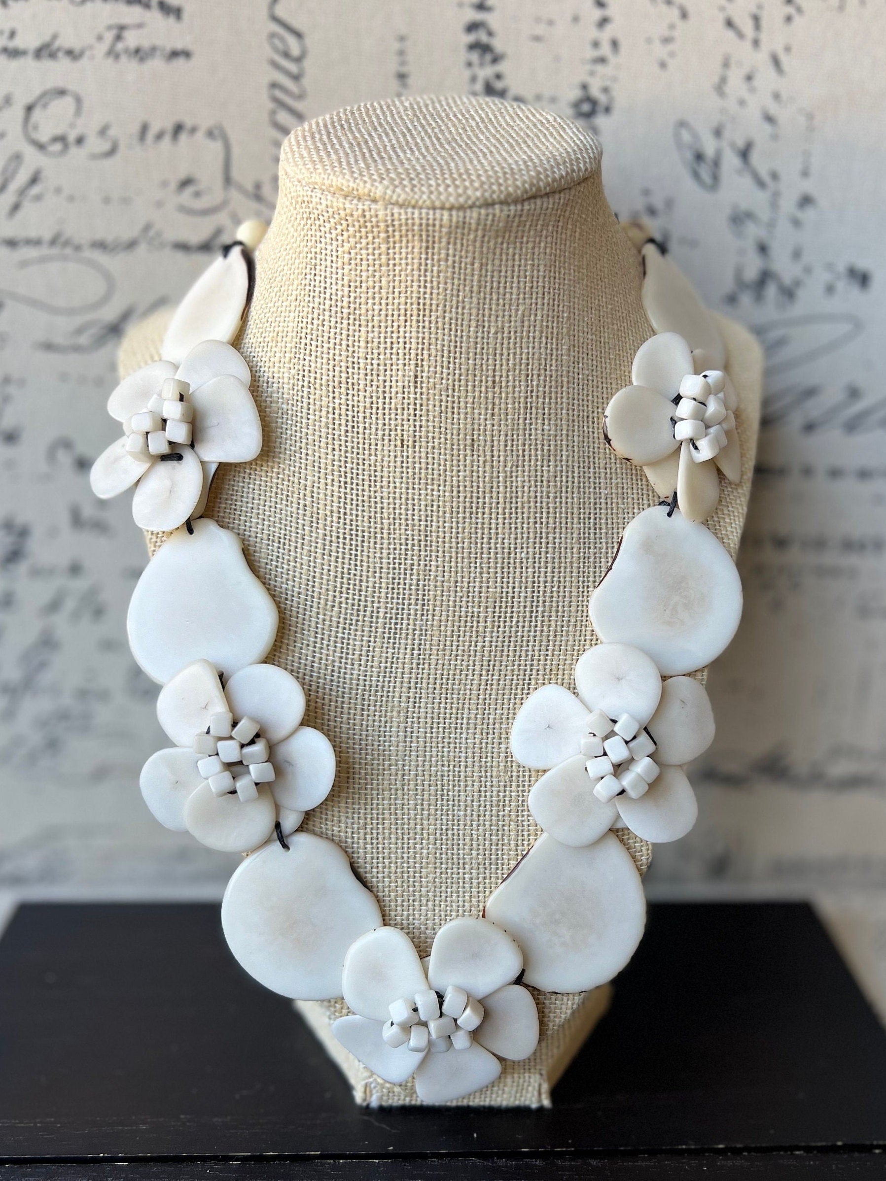 Ivory white flower statement necklace 14 wedding anniversary gift for wife Tagua jewelry Spring fashion 2025 Big bold chunky necklace