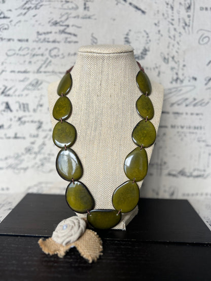 Olive green necklace Tagua jewelry Simple beaded necklace Art to wear Adjustable cord Fall fashion 2025 Wearable art Lightweight statement