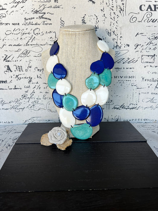 Tagua necklace. Tagua jewelry.
Multi color blue white necklace from ecuador