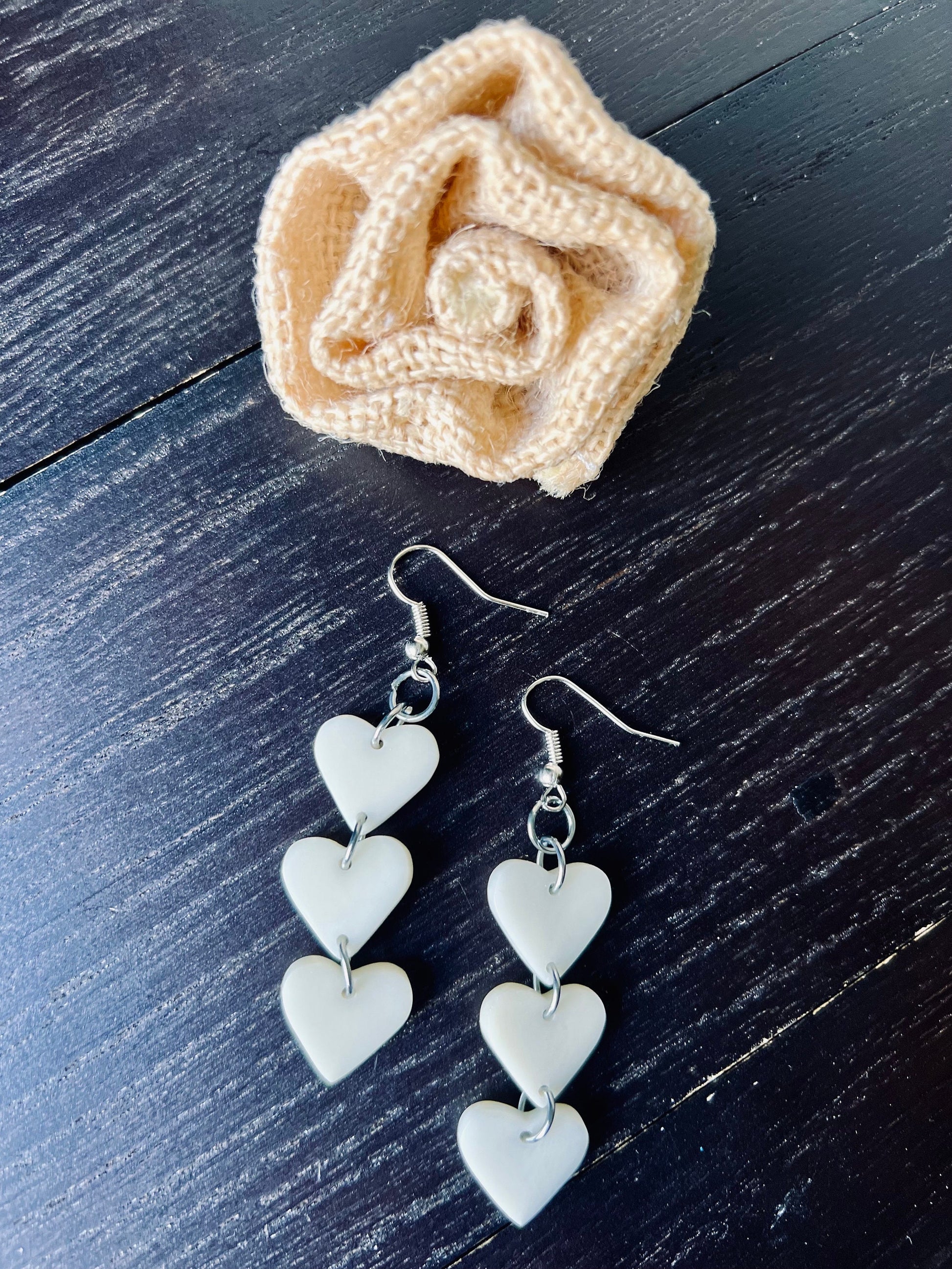 White heart earrings 14 year wedding anniversary gifts for her Waterfall drop earrings I love you jewelry Earrings for wedding Tagua jewelry