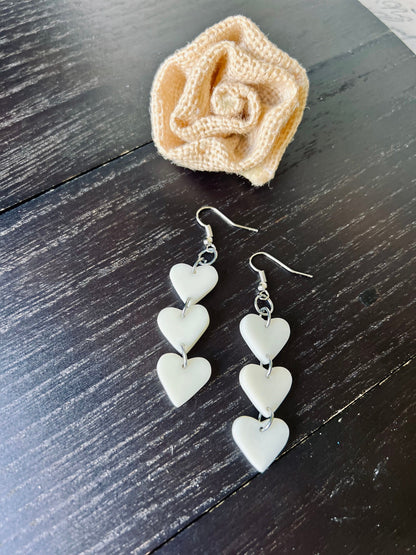 White heart earrings 14 year wedding anniversary gifts for her Waterfall drop earrings I love you jewelry Earrings for wedding Tagua jewelry