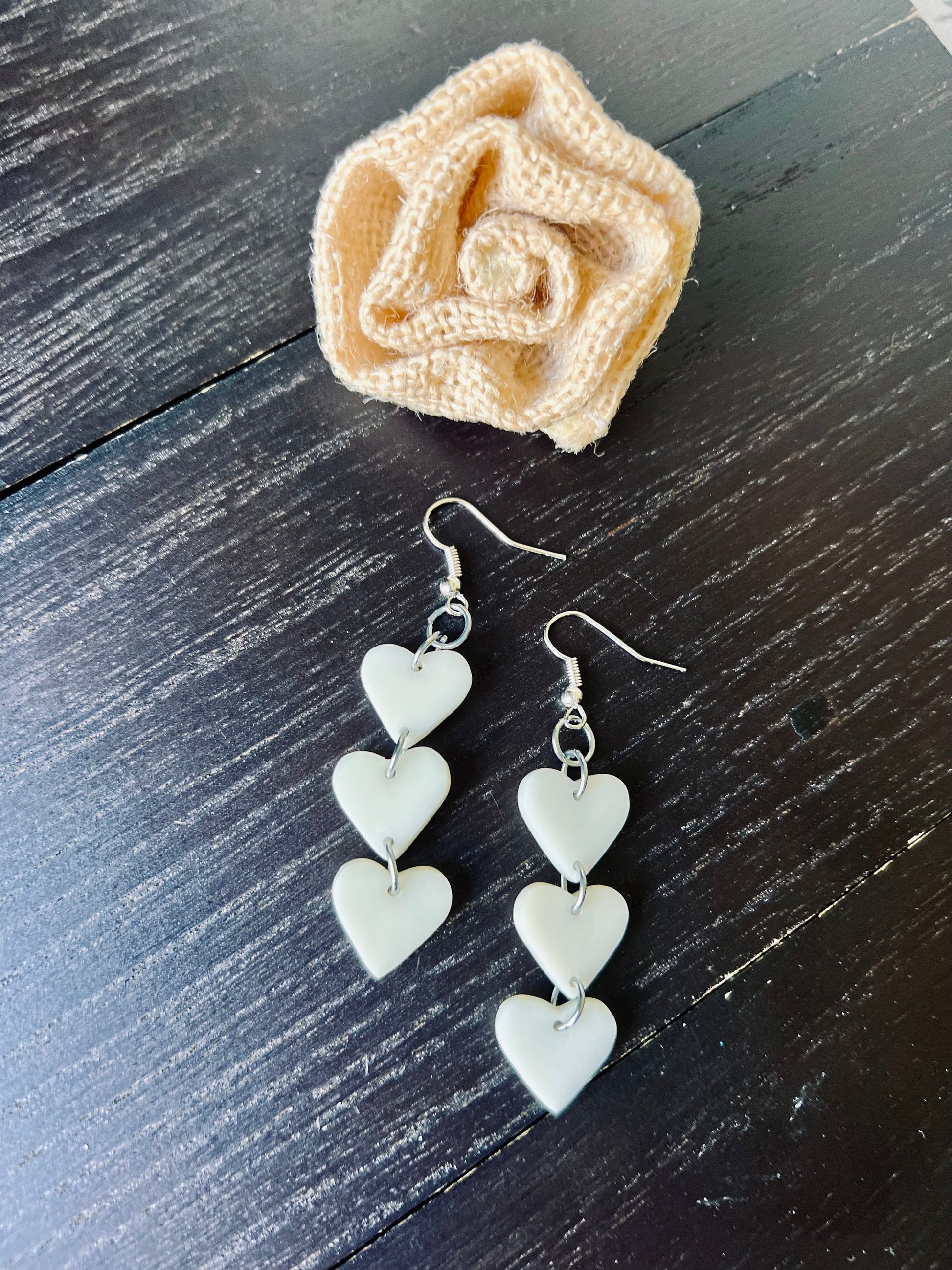 White heart earrings 14 year wedding anniversary gifts for her Waterfall drop earrings I love you jewelry Earrings for wedding Tagua jewelry