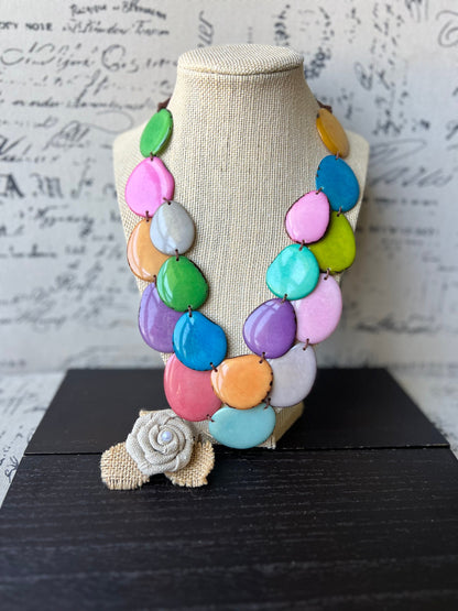 Rainbow statement necklace Tagua jewelry Big bold necklaces Wearable art Fall fashion 2025 Artsy gifts Multi layer necklace Adjustable cord