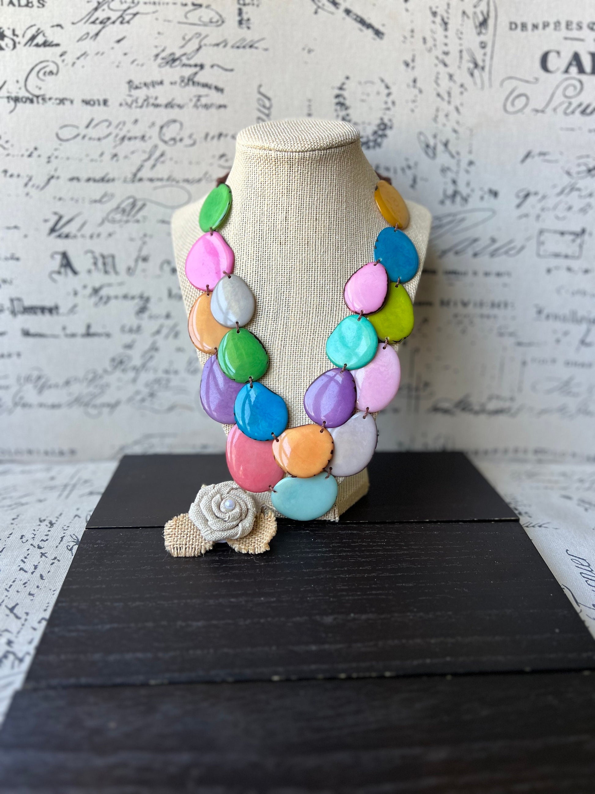 Rainbow statement necklace Tagua jewelry Spring fashion 2025 Big bold necklaces Wearable art Mothers day gifts for wife Artsy gifts