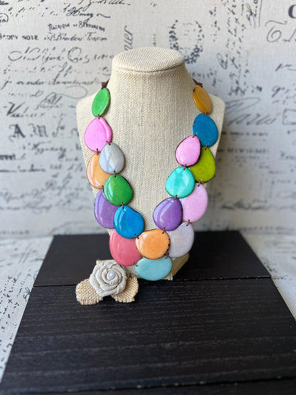 Rainbow statement necklace Tagua jewelry Spring fashion 2025 Big bold necklaces Wearable art Mothers day gifts for wife Artsy gifts