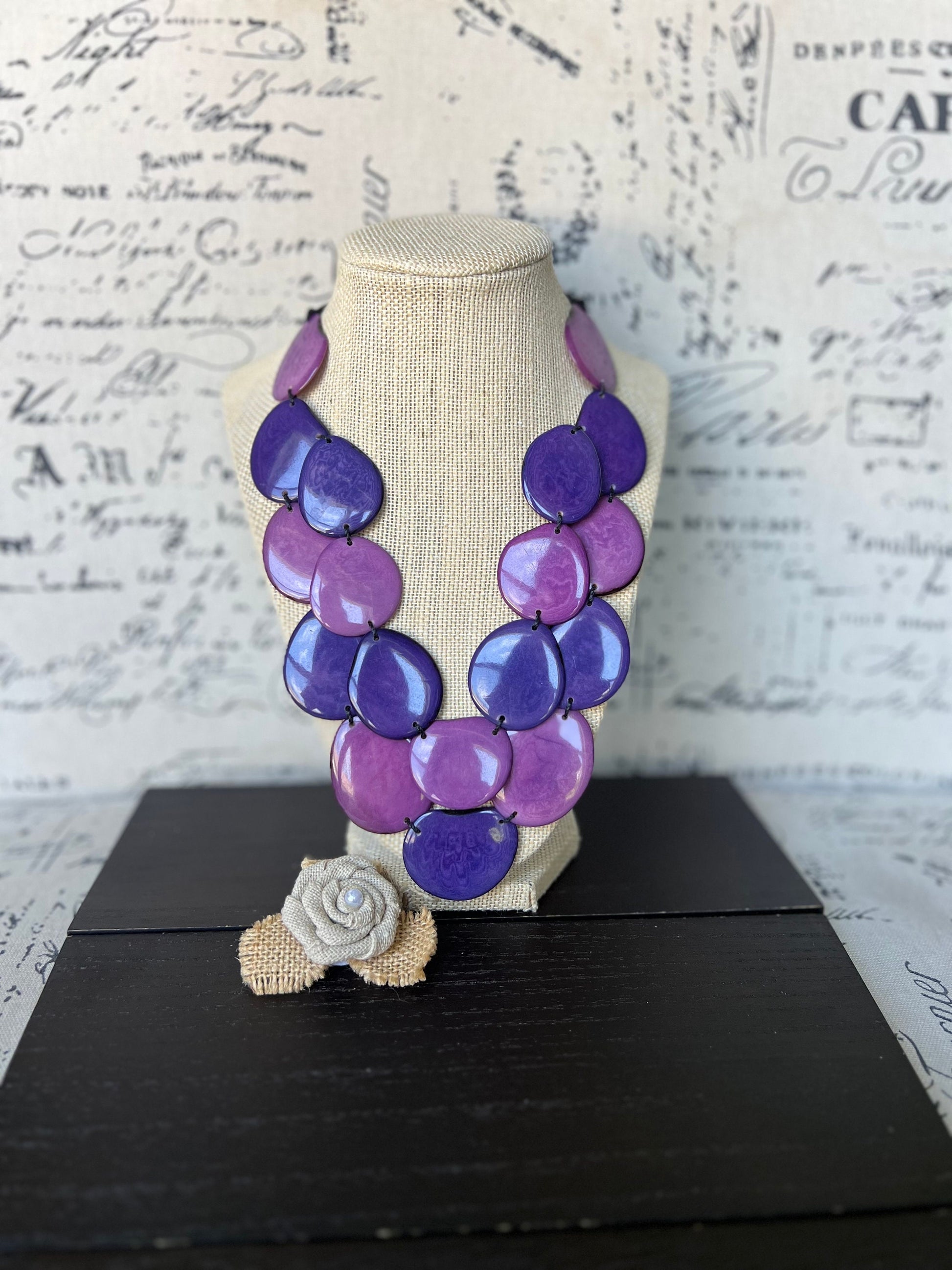 Multi color statement necklace Tagua jewelry Purple beaded necklace women Chunky handmade necklace Adjustable cord Mothers day gifts
