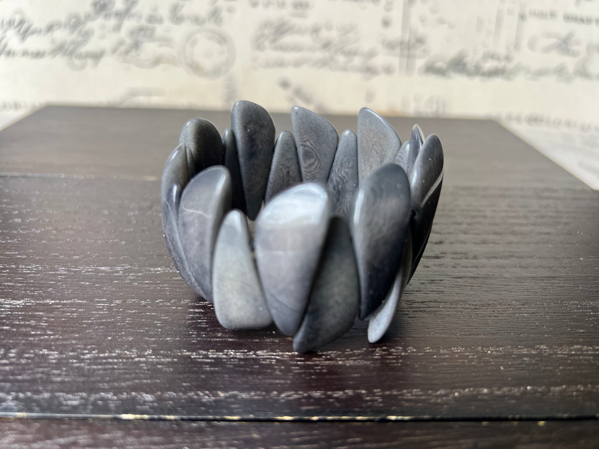 Dark grey bead bracelet Tagua jewelry Elastic stretch bangle Edgy bracelet for women Wearable art Handmade statement bracelet Artsy gifts