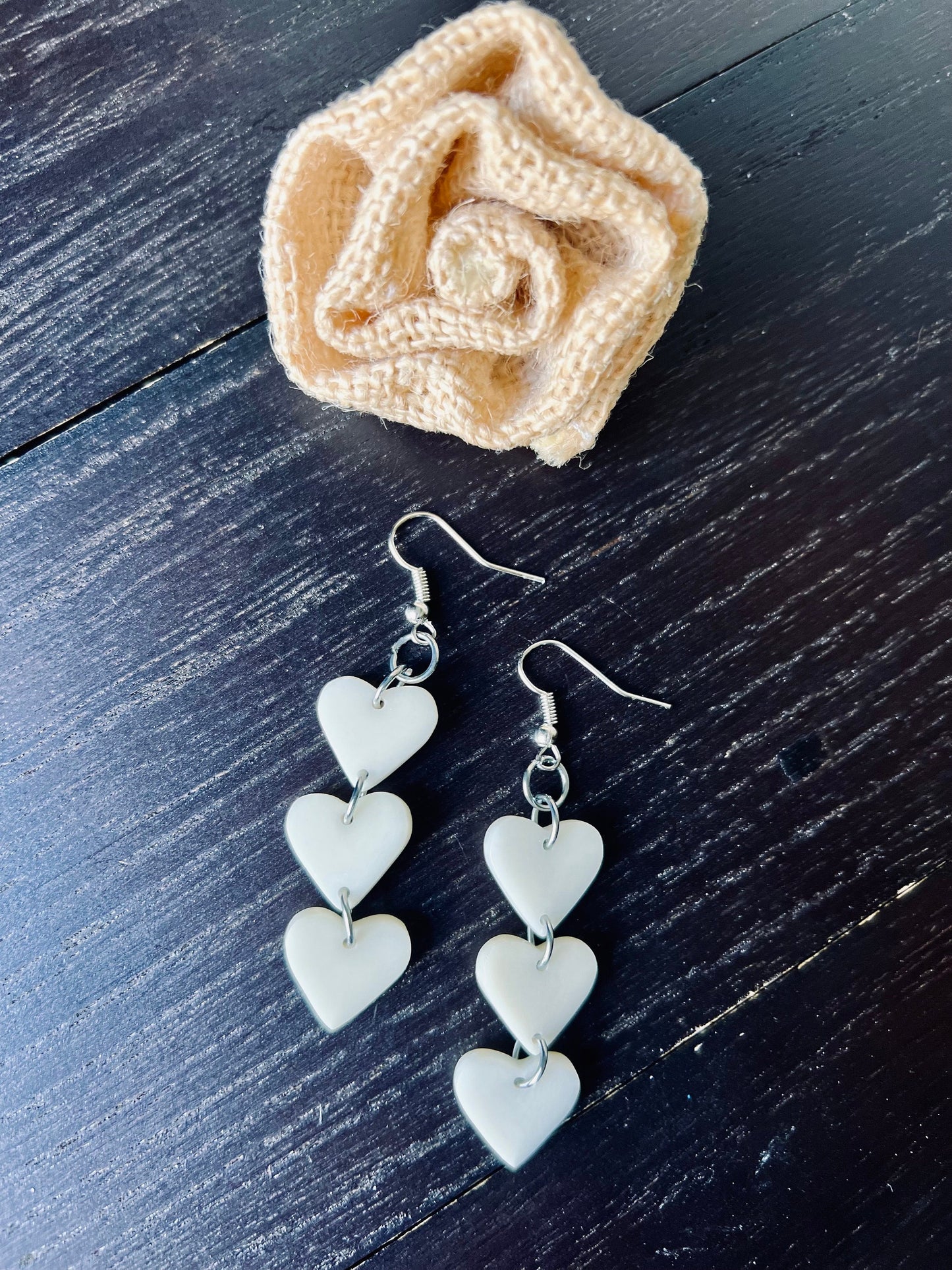 White heart earrings 14 year wedding anniversary gifts for her Waterfall drop earrings I love you jewelry Earrings for wedding Tagua jewelry