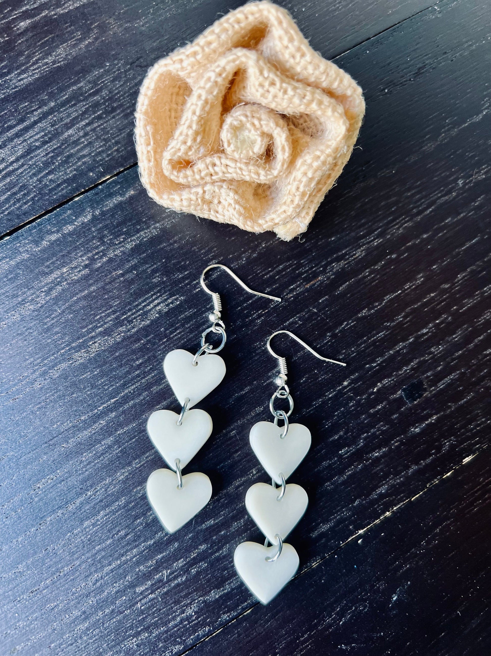 White heart earrings 14 year wedding anniversary gifts for her Waterfall drop earrings I love you jewelry Earrings for wedding Tagua jewelry