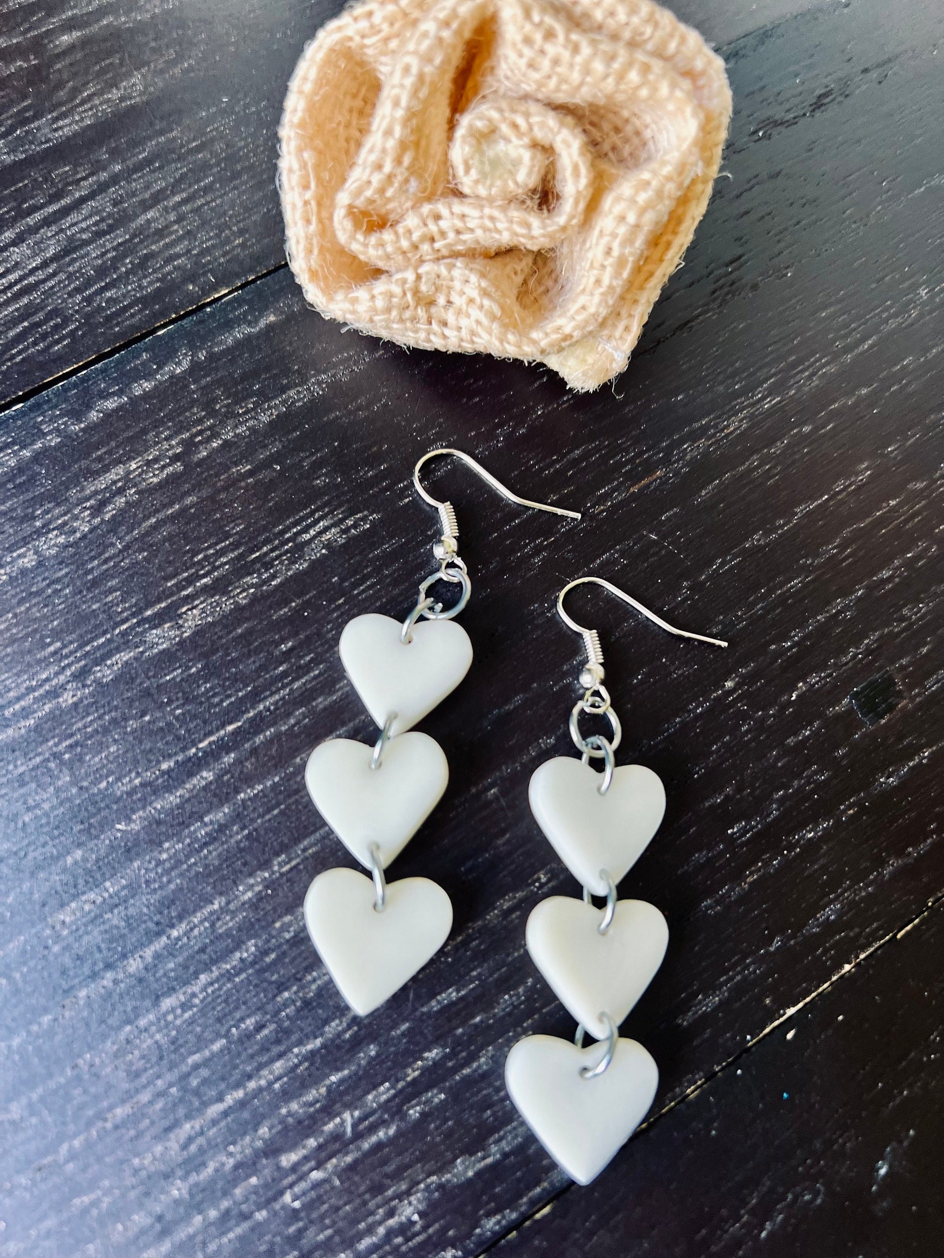 White heart earrings 14 year wedding anniversary gifts for her Waterfall drop earrings I love you jewelry Earrings for wedding Tagua jewelry