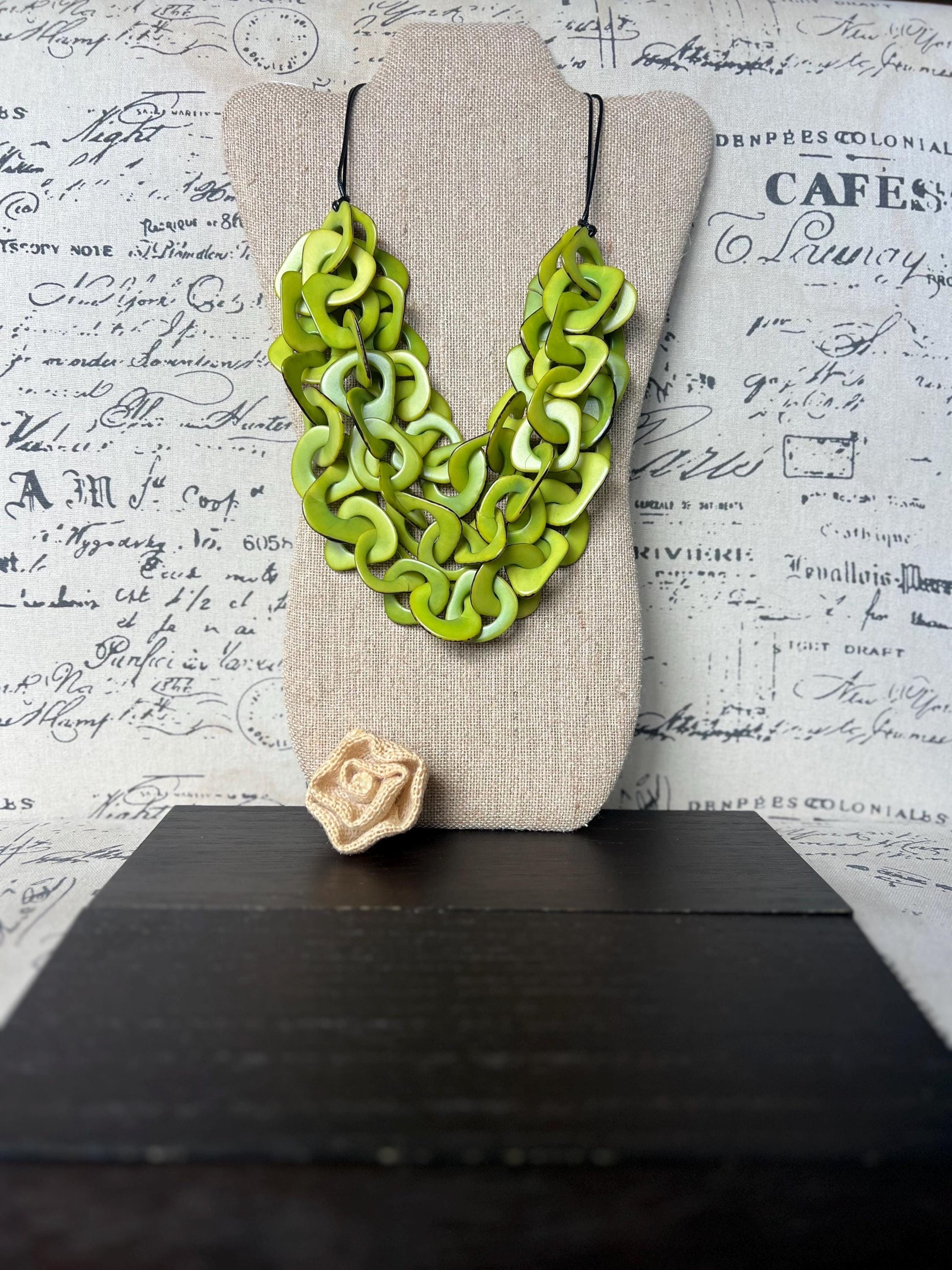 Green statement necklace Tagua jewelry Adjustable cord Big bold necklaces Spring fashion Valentine’s Day gifts for wife Wearable art