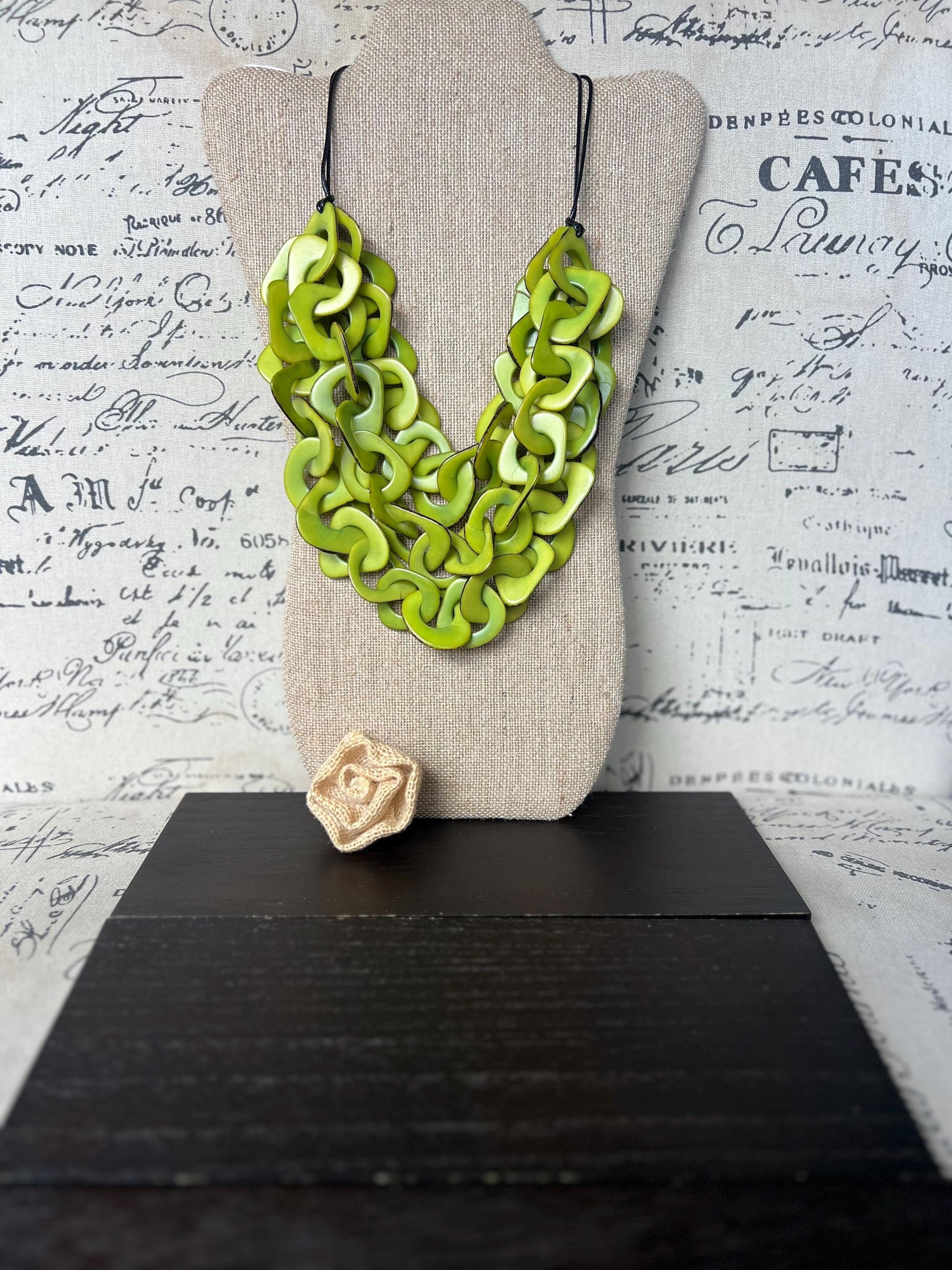 Green statement necklace Tagua jewelry Adjustable cord Big bold necklaces Fall fashion Wearable art Cruise and beach wear Artsy gifts