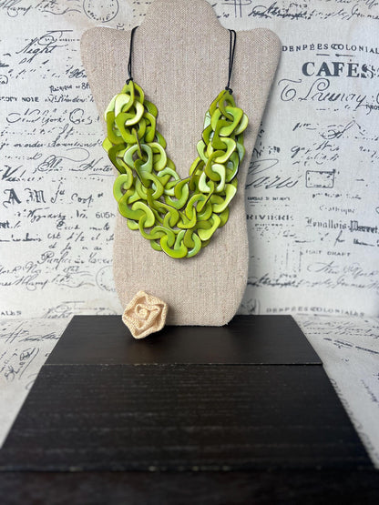 Green statement necklace Tagua jewelry Adjustable cord Big bold necklaces Fall fashion Wearable art Cruise and beach wear Artsy gifts