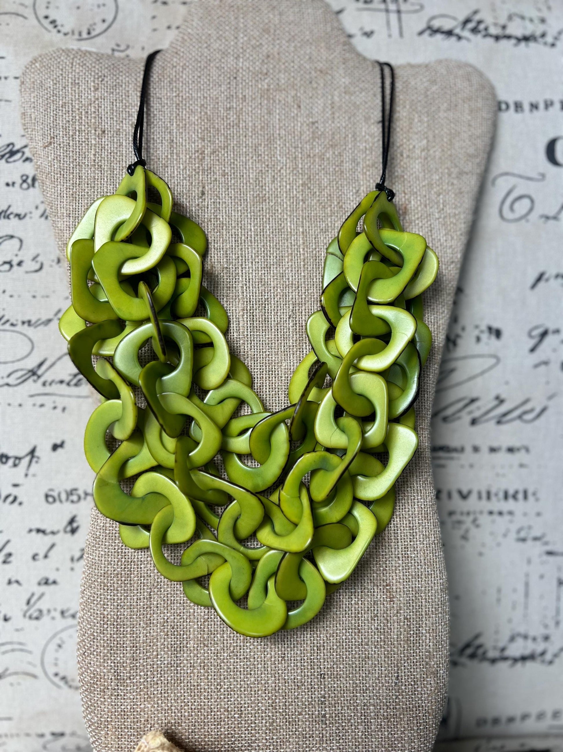 Green statement necklace Tagua jewelry Adjustable cord Big bold necklaces Spring fashion Valentine’s Day gifts for wife Wearable art