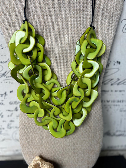 Green statement necklace Tagua jewelry Adjustable cord Big bold necklaces Spring fashion Valentine’s Day gifts for wife Wearable art