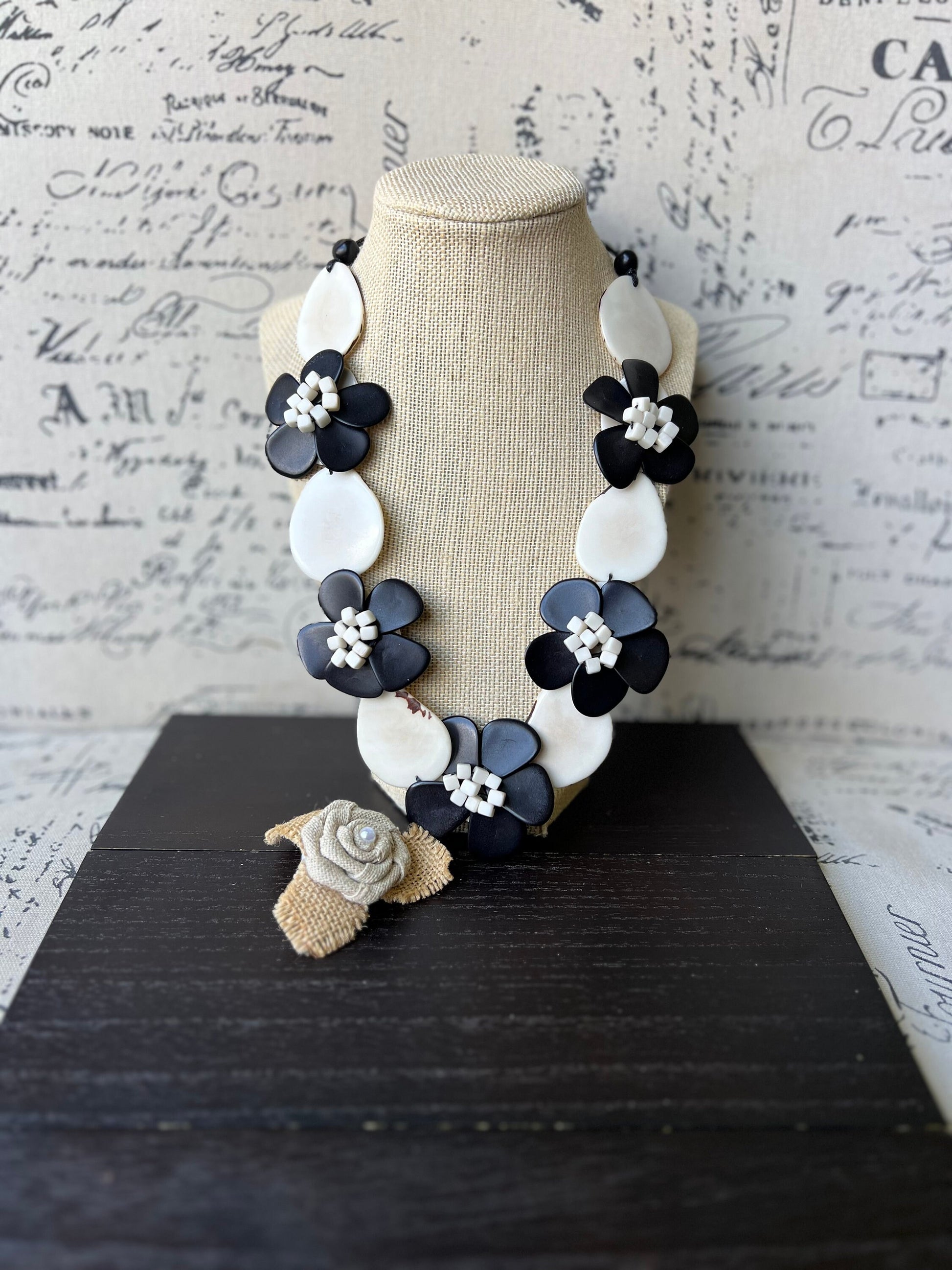 Black and white flower necklaces for women Tagua jewelry Mothers day gifts Spring fashion Big bold necklace Floral necklace Statement bib