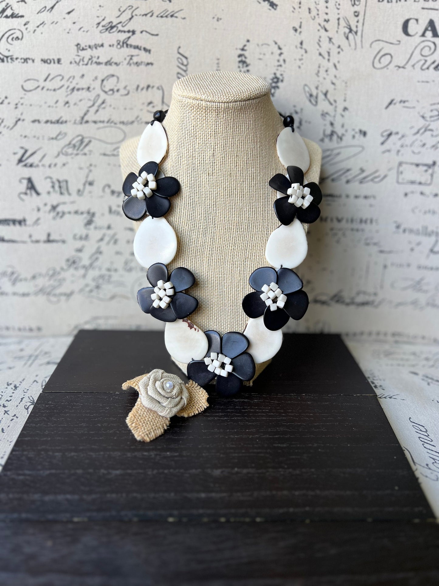 Black and white flower necklaces for women Tagua jewelry Fall fashion Big bold necklace Floral necklace Statement bib Wearable art