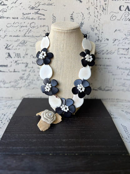 Black and white flower necklaces for women Tagua jewelry Fall fashion Big bold necklace Floral necklace Statement bib Wearable art