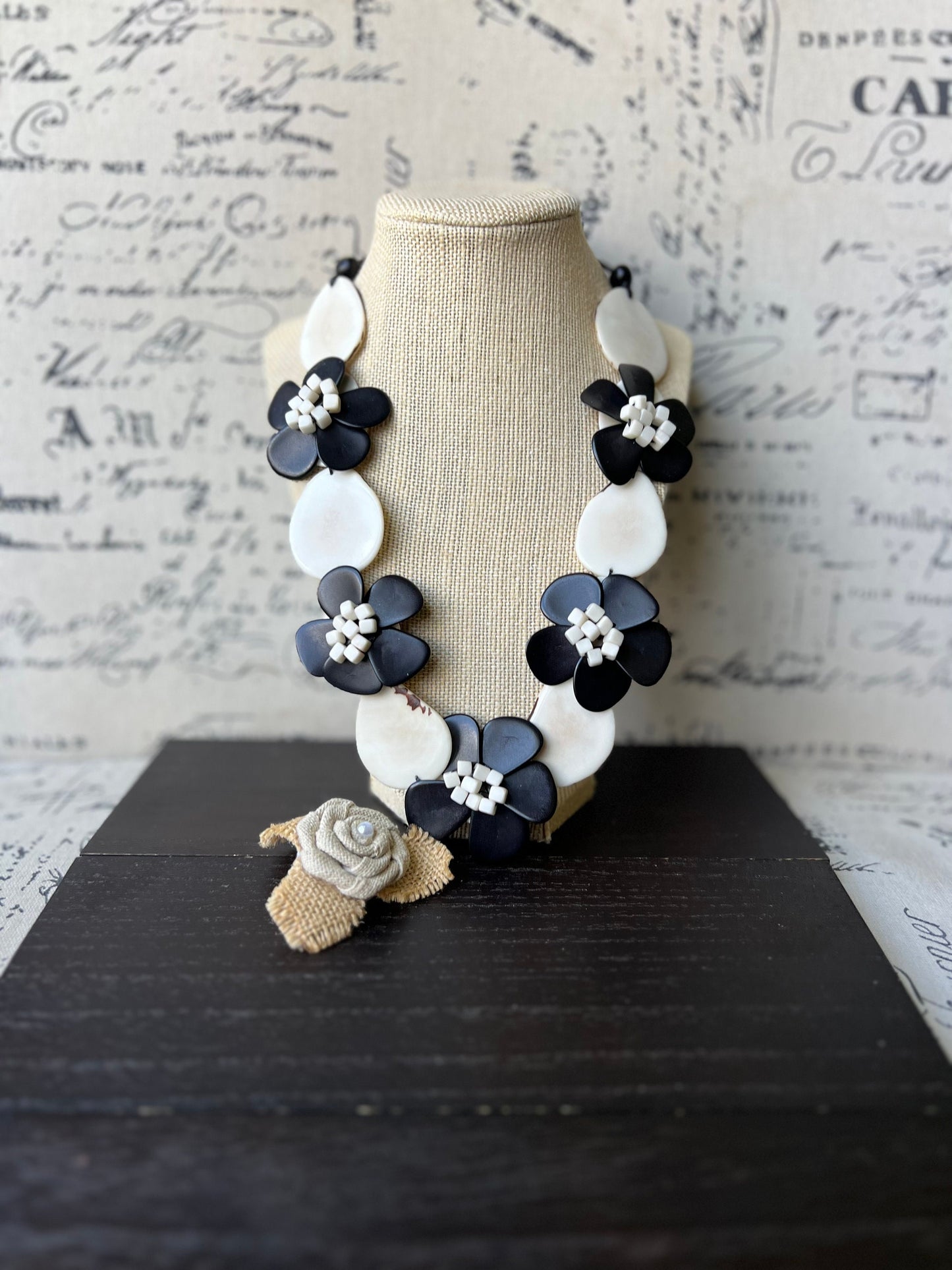 Black and white flower necklaces for women Tagua jewelry Fall fashion Big bold necklace Floral necklace Statement bib Wearable art
