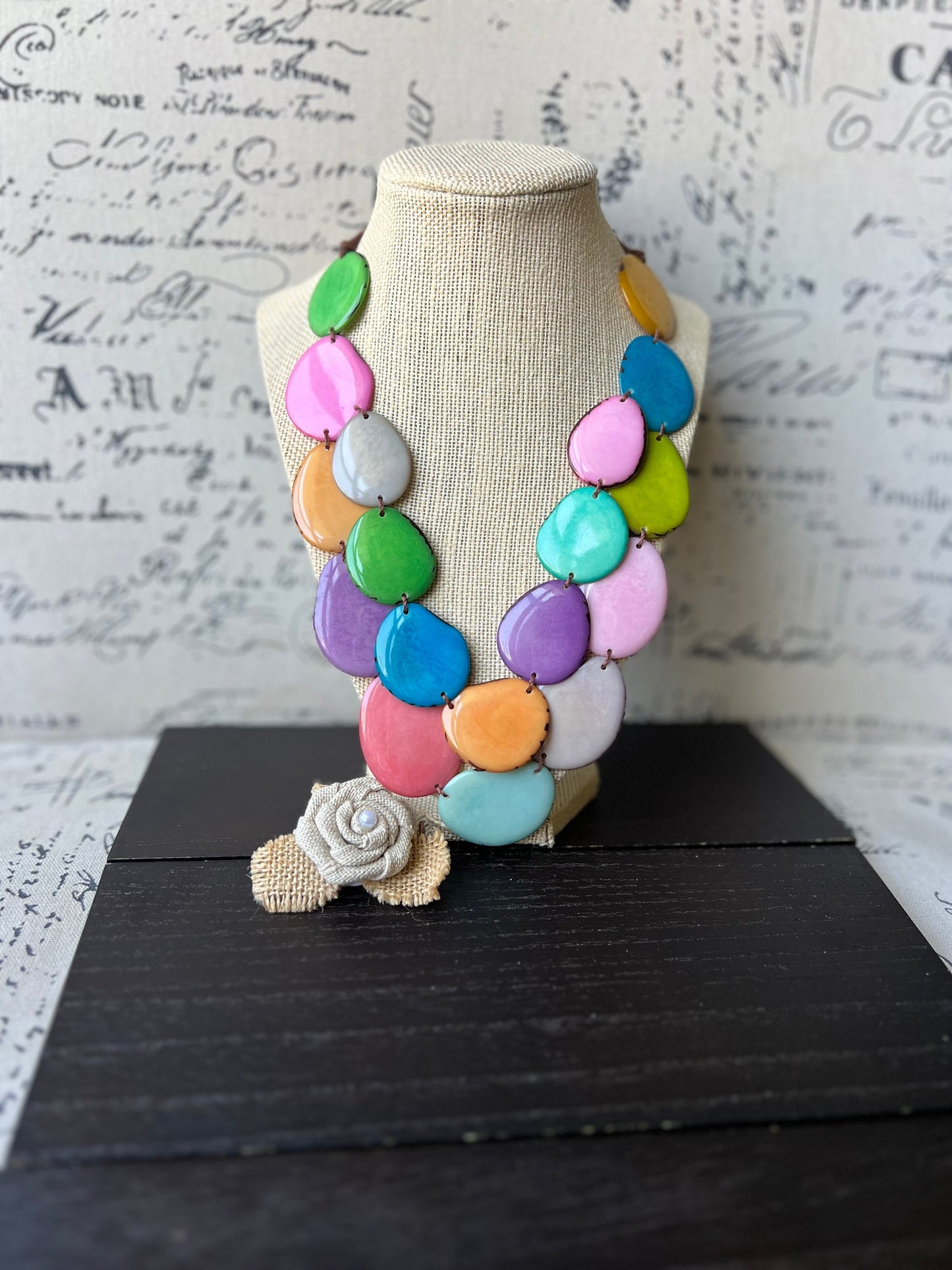 Rainbow statement necklace Tagua jewelry Big bold necklaces Wearable art Fall fashion 2025 Artsy gifts Multi layer necklace Adjustable cord