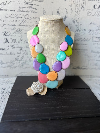Rainbow statement necklace Tagua jewelry Big bold necklaces Wearable art Fall fashion 2025 Artsy gifts Multi layer necklace Adjustable cord