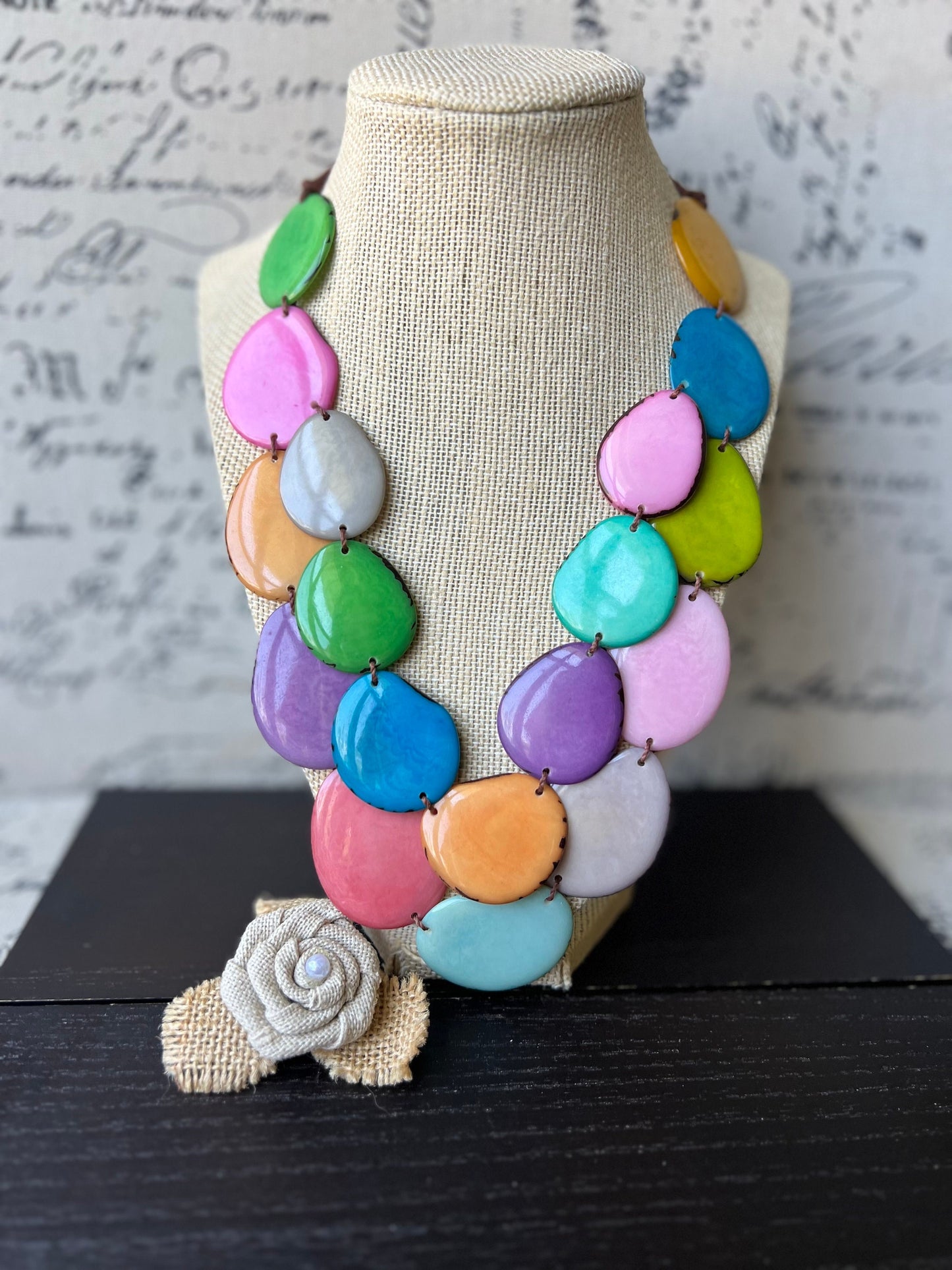 Rainbow statement necklace Tagua jewelry Big bold necklaces Wearable art Fall fashion 2025 Artsy gifts Multi layer necklace Adjustable cord