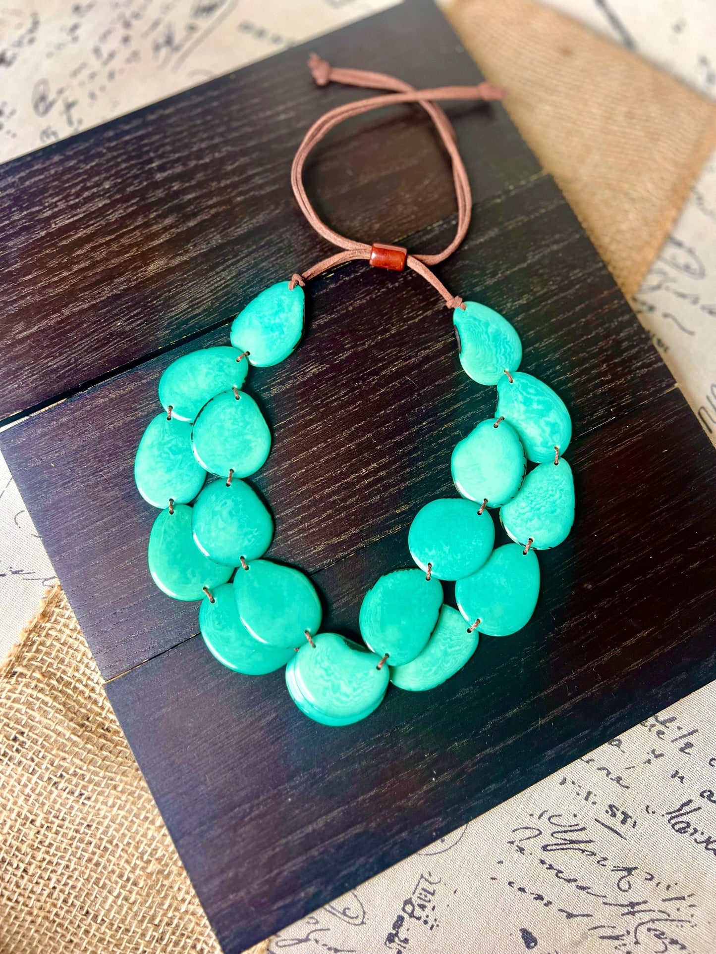 turquoise statement tagua nut necklace
lightweight and adjustable